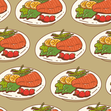Food plate with dish vector cartoon seamless pattern background for wallpaper, wrapping, packing, and backdrop.