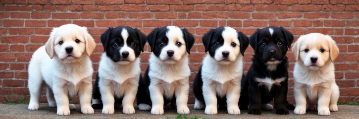 Different puppies peeks out from behind a red bricks wall. Only can see its heads Banner