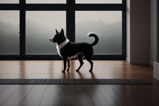 dog is waiting for his owner near the window. dog peaking through the window. Husky - Powered by Adobe