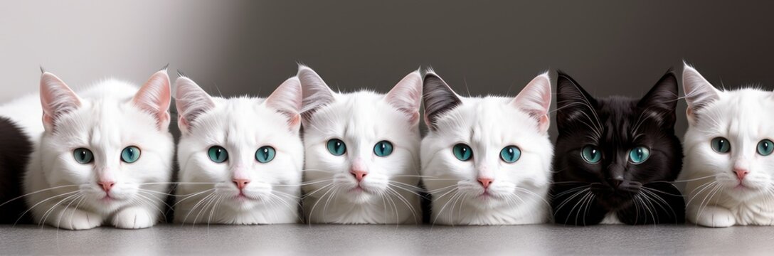 Group of Different kitties heads peeks out from behind a grey white wall. Row of Funny cat peeks out. Image for veterinary clinics, sites about pets. Copy space. Banner