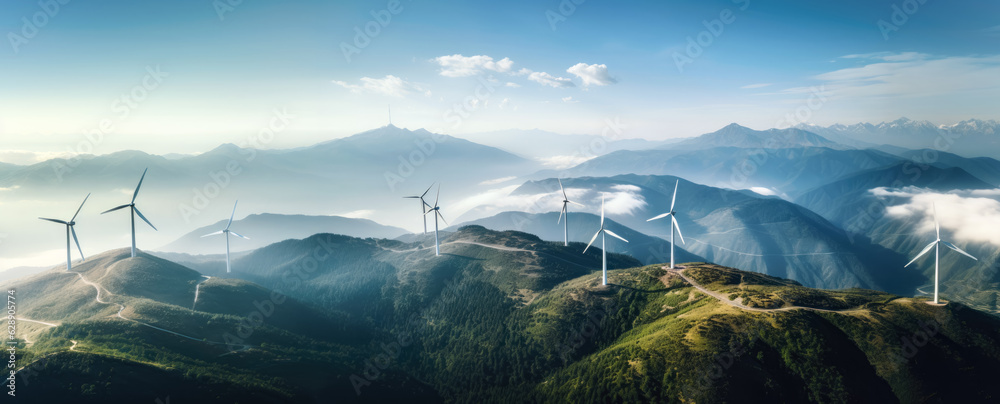 Wall mural wind turbines generating green power high in mountains. generative ai