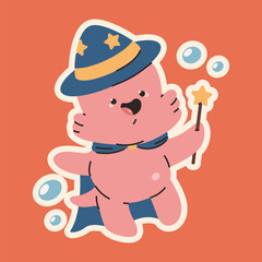 Cute baby axolotl in wizard costume vector cartoon character isolated on background.