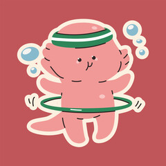 Cute baby axolotl with hula hoop vector cartoon character isolated on background.