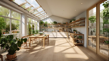 A lavish open kitchen with bright day light and has a open window add a few cabinets, showing a gree plants from behind the window.