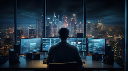 Stock Trader on Computer Overlooking City. Powerful Programmer. Data Scientist. Working on Screens. Sky Scrapers. Concept of Future, Trade, Technology, and Hacker.