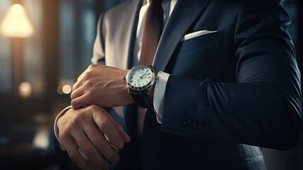 Man in Business Suit Adjusting Wrist Button. Beautiful Watch. Torso Shot. Concept of Elegant, Dressed Up, Spiffy, Luxury, and Expensive.