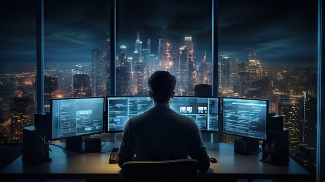 Stock Trader on Computer Overlooking City. Powerful Programmer. Data Scientist. Working on Screens. Sky Scrapers. Concept of Future, Trade, Technology, and Hacker.