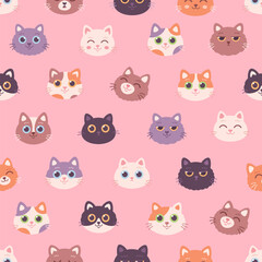 Cat faces seamless pattern. Cat characters with different emotions and facial expressions. Vector illustration in flat style