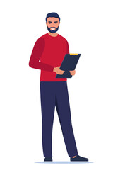 Naklejka na ściany i meble Young character with clipboard standing isolated on white background. Man introduce, show and present something. Business speaker standing with clipboard. Male presenter. Vector illustration.