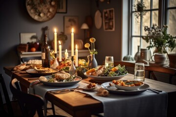 A Well-set Dining Table with Plates, Glasses, and Candles