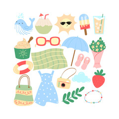 Fototapeta premium Summer Elements. Summer vector icon set for sticker. Icons, signs and banners. Bright summertime poster. Collection elements for summer holidays and party. Vector illustration