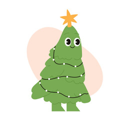 Cute Christmas Tree Character Concept. Cartoon with a fun smile, hands and boots. Holiday spirit illuminated by festive lights. Fun way to welcome the New Year. Flat illustrations isolated