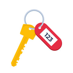 Modern hotel door lock key with room number badge. Vector illustration in flat design.