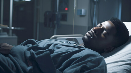 Fototapeta premium A black man lies with his eyes closed in a hospital bed