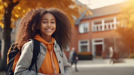 Happy dark skinned african american schoolgirl with backpack