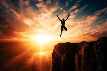 silhouette of a person jumping above a cliff at sunset, being victorious concept.