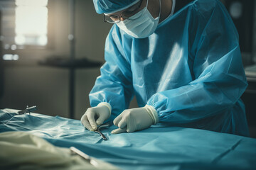 The surgeon dons a fresh, crisp surgical gown and gloves, as the circulating nurse hands over a set of surgical drapes, all carefully designed to maintain the highest standards of Generative AI