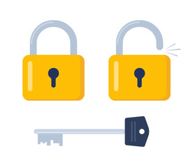Metal key and a yellow lock. Opened and locked padlock and key. Vector illustration.