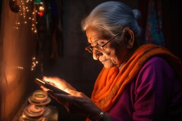 An elderly woman in India is reading by the light of a mobile phone, exploring the modern device Fictional Character Created By Generative AI.