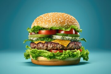 A delicious looking hamburger with lettuce, tomato, and cheese