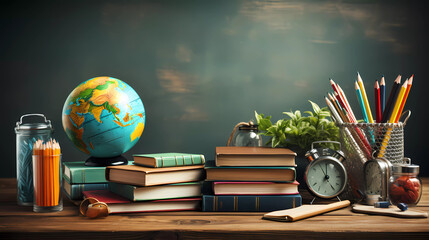 Ready for school concept background with books, alarm clock and accessory 3D Rendering,