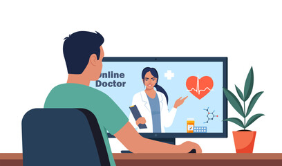 Obraz premium Man consulting a doctor online using his computer, telemedicine and online doctor concept. Video call meeting with doctors at home. Online doctor talking with a patient. Vector illustration.