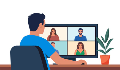 Worker using computer for collective virtual meeting and group video conference. Man at desktop chatting with friends online. Vector illustration.