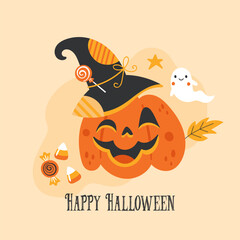 Halloween holiday cute jack o lantern pumpkin character design. Childish print for stickers, greeting card and decoration