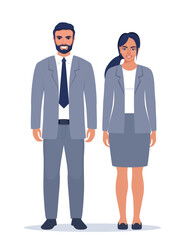 Elegant young man and woman in business suits. Flat sytle illustration of a handsome successful business people.