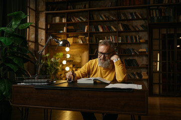 Senior man working with documents at home office