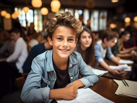 Academic Concept. Smiling junior asian schoolgirl sitting at table in classroom, writing in notebook, posing and looking at camera. A group of different classmates studying in the background