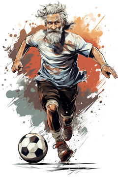 alter sportlicher Mann beim Fu&szlig;ball spielen auf wei&szlig;em Hintergrund. Hobbykicker. Hobbyfu&szlig;baller. Fu&szlig;ballspieler. Sportler. Hochkant. Hochformat. Generative Ai