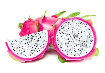 Fresh and Juicy Pink Organic Dragon Fruit  White flesh and black seeds, colorful colors, isolated on a white background.