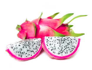 Fresh and Juicy Pink Organic Dragon Fruit  White flesh and black seeds, colorful colors, isolated on a white background.