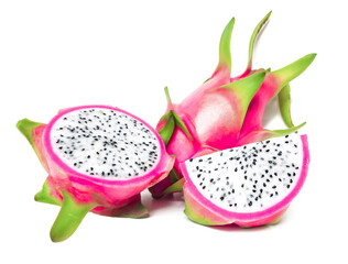 Fresh and Juicy Pink Organic Dragon Fruit  White flesh and black seeds, colorful colors, isolated on a white background.