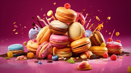Obraz premium Macaroons of different colors and fillings, confectionery, almond biscuits. Traditional American cookie. Generative AI