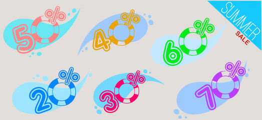 Summer background for sales. Set of colorful numbers and sea symbols.
