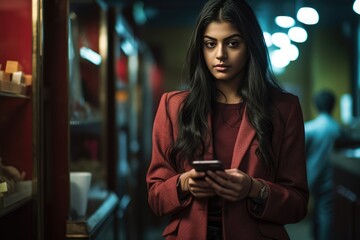 Female in a Red Coat Checks Her Cellphone Fictional Character Created By Generative AI