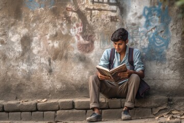 Fototapeta premium A Young Man Sitting on the Ground, Reading a Book Fictional Character Created By Generative AI