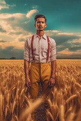 A Man Standing in an Empty Field with a Cloudy Sky Fictional Character Created By Generative AI
