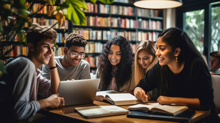 AI generated, realistic photo, very sharp, Multiracial university students sitting together at table with books and laptop - Happy young people doing group study in high school library - Life style co