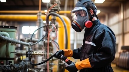 Obraz na płótnie Canvas Chemical specialist wear safety uniform and gas mask
