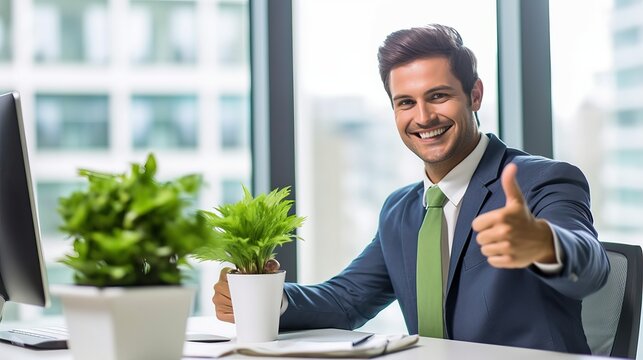 Businessman showing thumb up in office