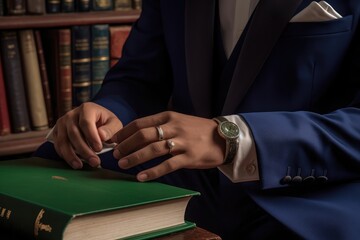 A Man in a Suit and Tuxedo Holding a Ring box while reading from a book Fictional Character Created By Generative AI