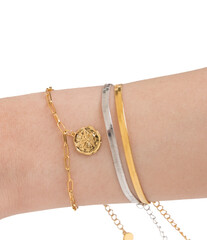 Woman wrist wearing golden butterfly and snake chain bracelets set against a white background.  Beautiful valentine's gift.