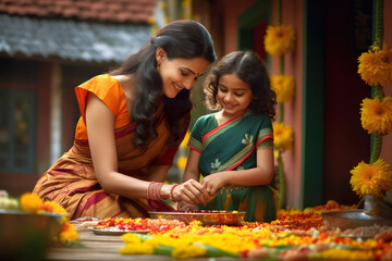 Fototapeta na wymiar Traditionally dressed Indian ethnic mother and daughter making colourful arrangement with flowers in-front of their house. Concept for Onam festival in Kerala