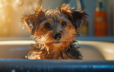 yorkshire terrier puppy having a bath created with Generative AI technology
