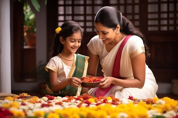 Traditionally dressed Indian ethnic mother and daughter making colourful arrangement with flowers in-front of their house. Concept for Onam festival in Kerala