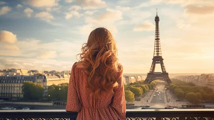 Selbstklebende Fototapete Paris Holidays in Paris. Back view of beautiful fashion girl enjoying view of Eiffel Tower in Paris, France. Summer vacation in Europe. Generative AI