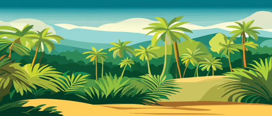 Naklejka na ściany i meble jungle forests, tropical forest background. Amazon forest landscapes, African or Brazilian jungle vector background, wallpaper with palm trees, simple vector illustration